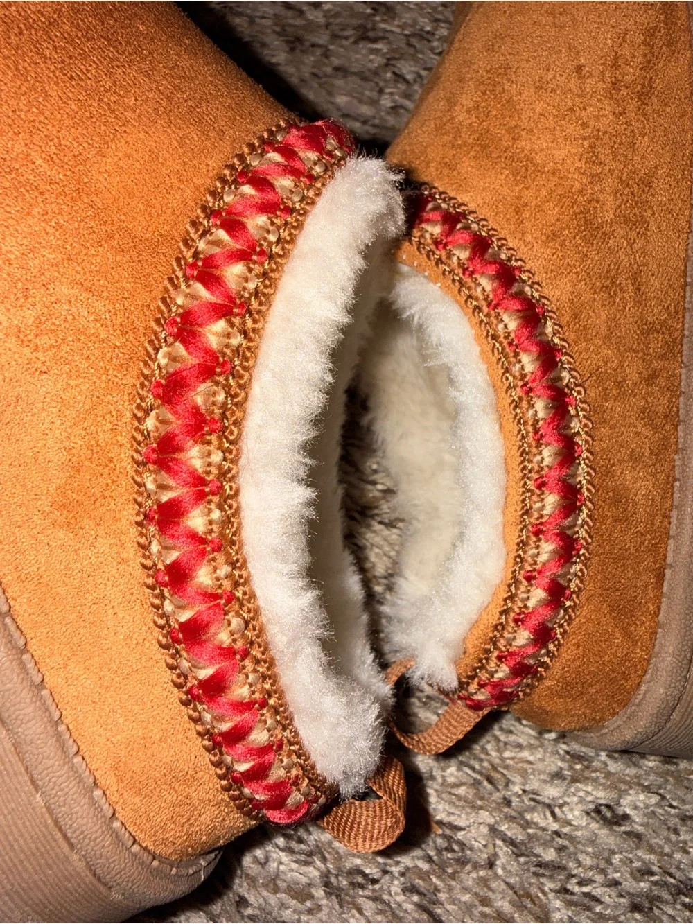 White Mountain Chestnut Faux-Suede Shearling Lined Slip-Ons with Red Trim